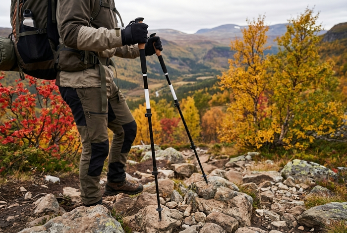 Vandrare med två vandringsstavar med korkhandtag på en stenig fjällstig bland höstfärgad fjällbjörk