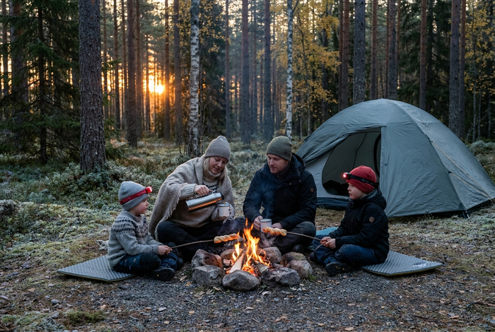 Familj med två barn i pannlampor med rött ljus sitter vid en liten lägereld framför ett grått tält i höstskogen i skymningen