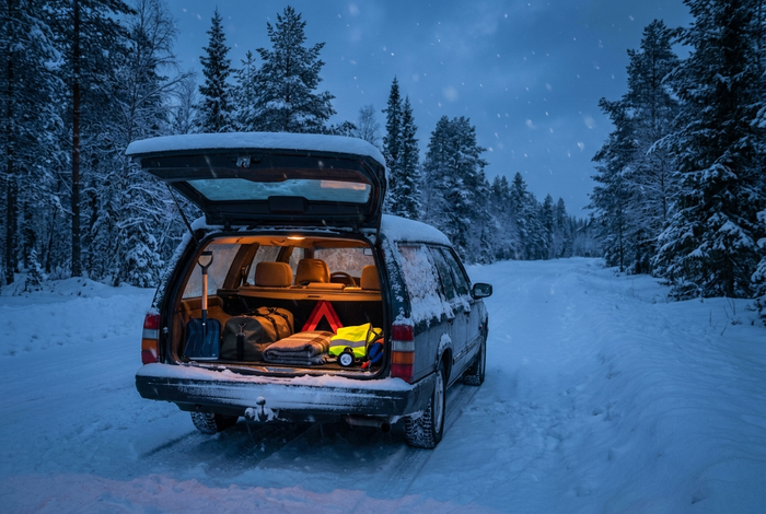 Öppet bagageutrymme på en snötäckt bil vid en skogsväg i vinterskymning, med spade, filt, reflexväst, varningstriangel och en väska med vinterutrustning