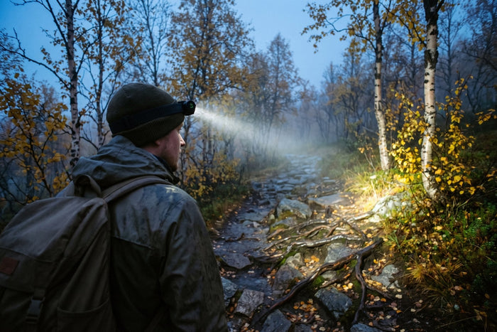 Vandrare med Terräng Duo-pannlampa på en stig genom fjällbjörkskog i skymningen