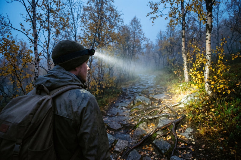 Vandrare med Terräng Duo-pannlampa på en stig genom fjällbjörkskog i skymningen