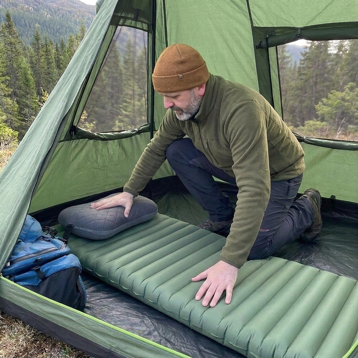 Man lägger en campingkudde på ett uppblåst liggunderlag inne i ett grönt tält i skogen