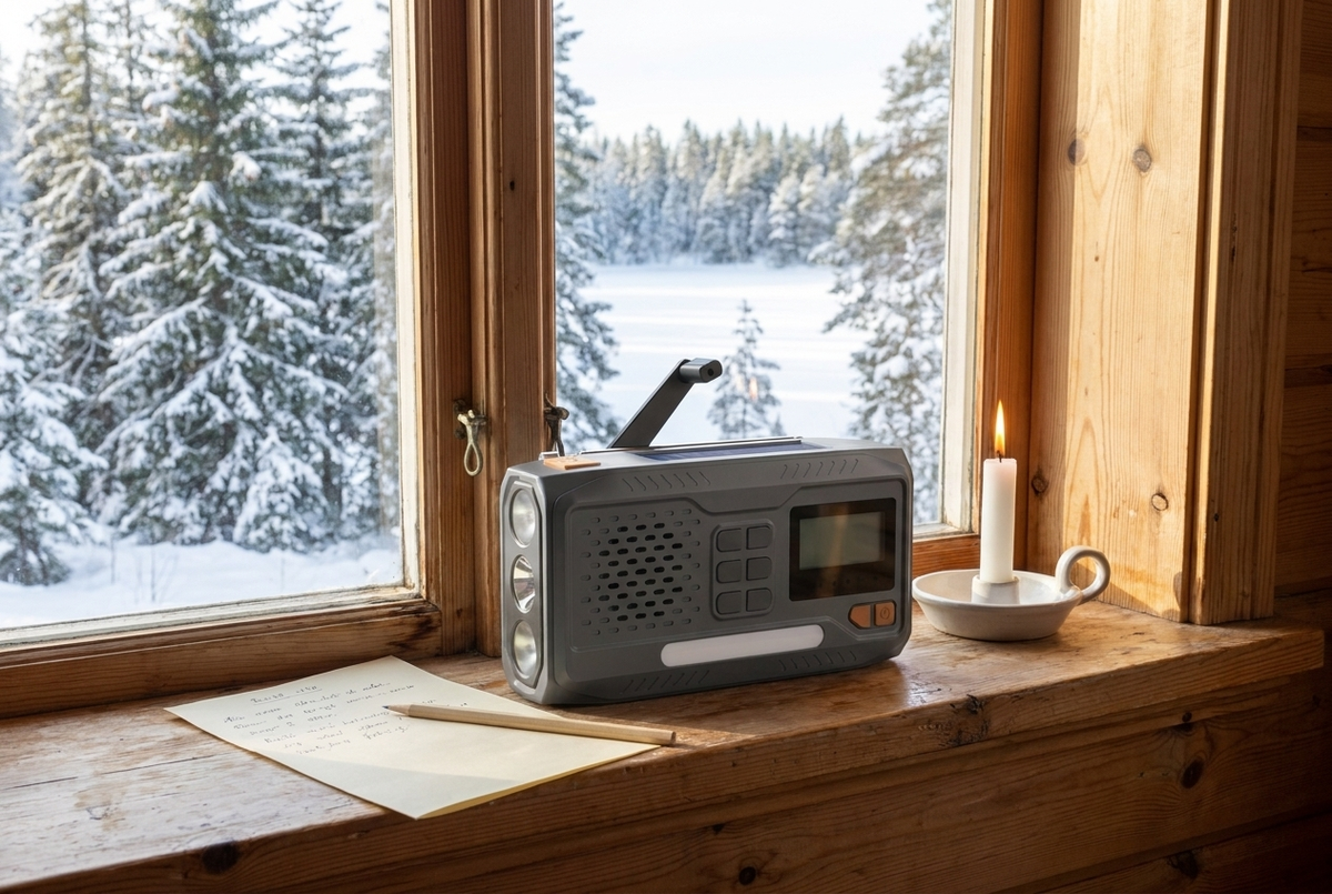 Vevradio med utfälld vev på en fönsterbräda i en stuga, med solcellen mot dagsljuset och snötäckt skog utanför