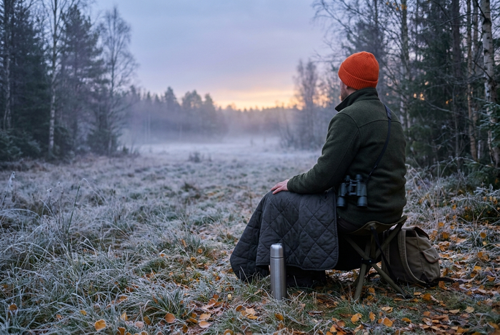 Jägare i signalfärgad mössa sitter på en hopfällbar stol vid en granskogskant i gryningen med en filt över benen och en termos bredvid sig