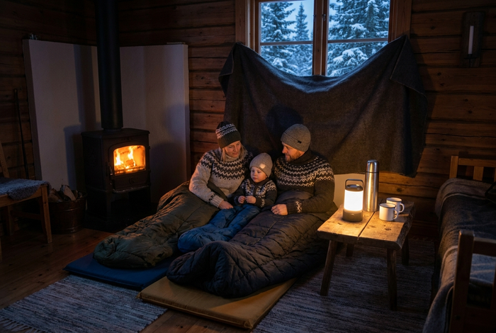 Familj i ett vardagsrum under strömavbrott på vintern, nedbäddade i sovsäckar och filtar på liggunderlag framför en brinnande kamin