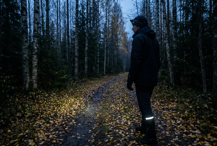 Person med pannlampa och reflexband går på en skogsstig i blå skymning en sen oktoberkväll