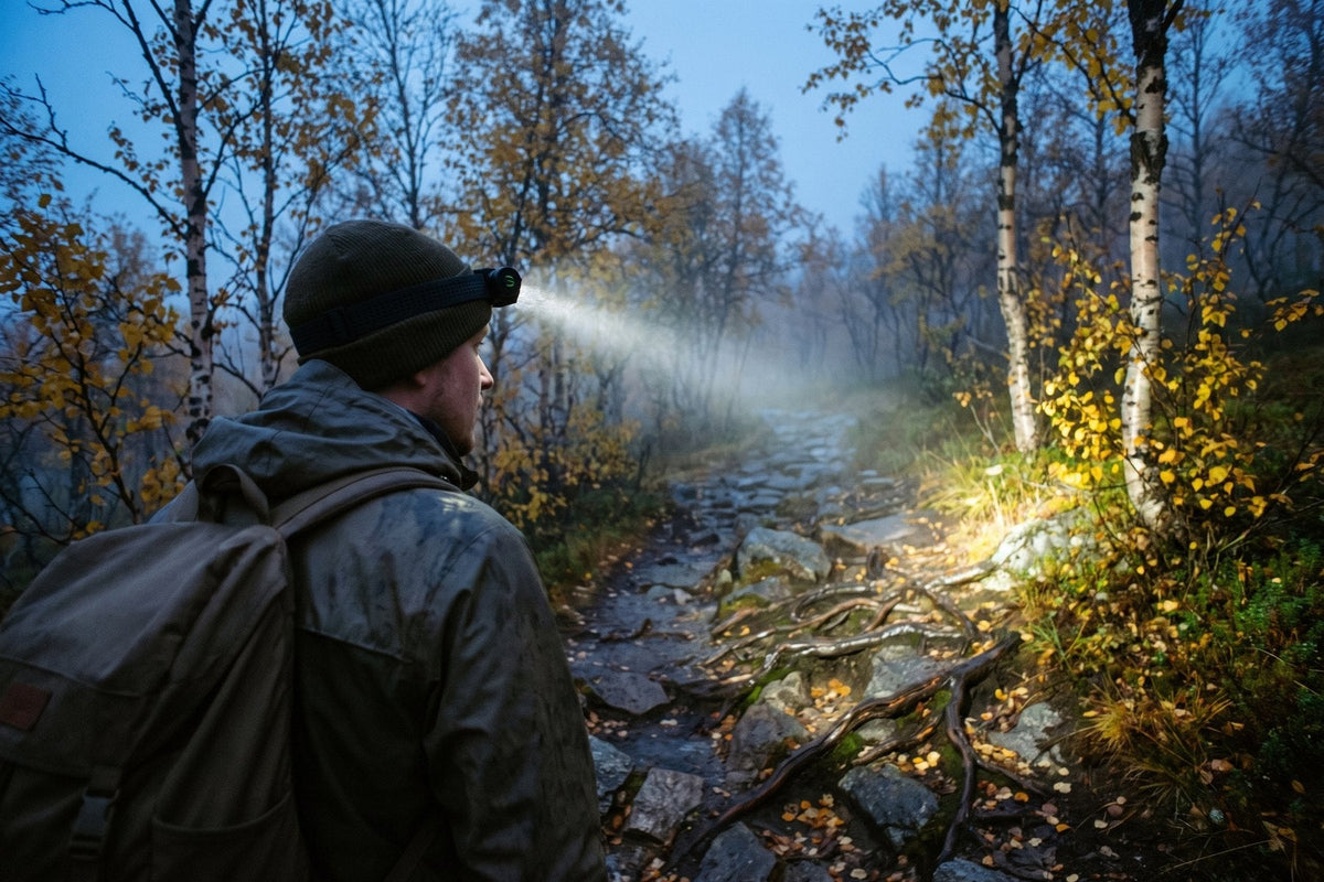 Vandrare med Terräng Duo-pannlampa på en stig genom fjällbjörkskog i skymningen
