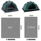 Storleksjämförelse av pop-up-tält: 4 manna med golv 200 x 200 cm (4 m²) och 2 manna med 150 x 210 cm (3,15 m²)