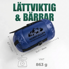 Packad sovsäck med gåsdun i blå kompressionspåse med Norrfjällen-logga, infografik med packmått och vikten 863 g