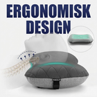 Grafik med texten Ergonomisk design: campingkudden under ett huvud med markerat stöd för nacke och halsrygg