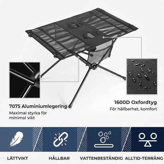 Fällbart campingbord med mugghållare