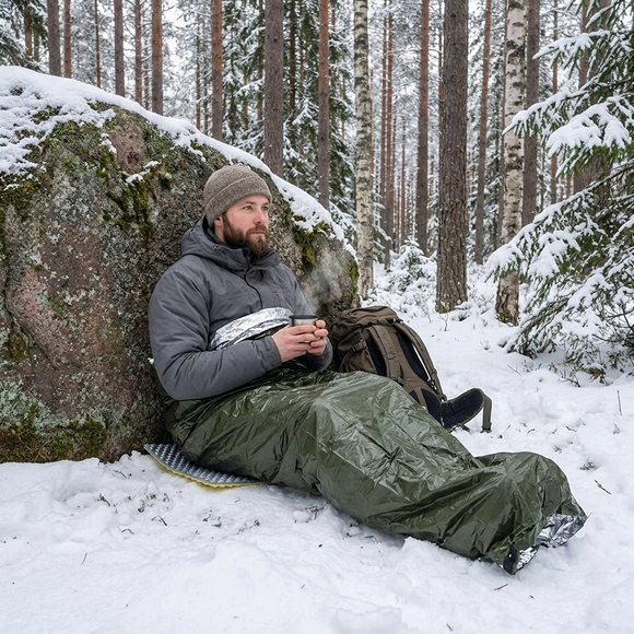 Man i grön nödsovsäck sitter på ett underlag i snön mot ett stort block i tallskogen med en varm kopp
