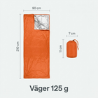 Måttbild: nödsovsäcken är 210 × 90 cm, fodralet 7 × 11 cm och allt väger 125 g