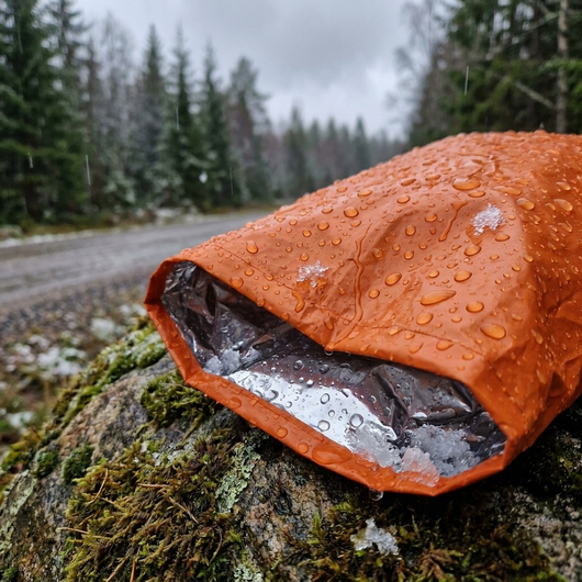 Regndroppar och blötsnö pärlar sig på den orange nödsovsäcken vid en grusväg, silverinsidan syns i öppningen