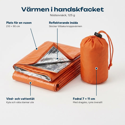 Nödsovsäck med reflekterande insida, vind- och vattentät duk och fodral 7 × 11 cm utmärkta