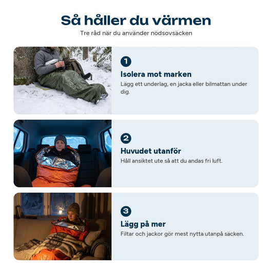 Tre råd för att hålla värmen i nödsovsäcken: isolera mot marken, huvudet utanför och lägg på mer