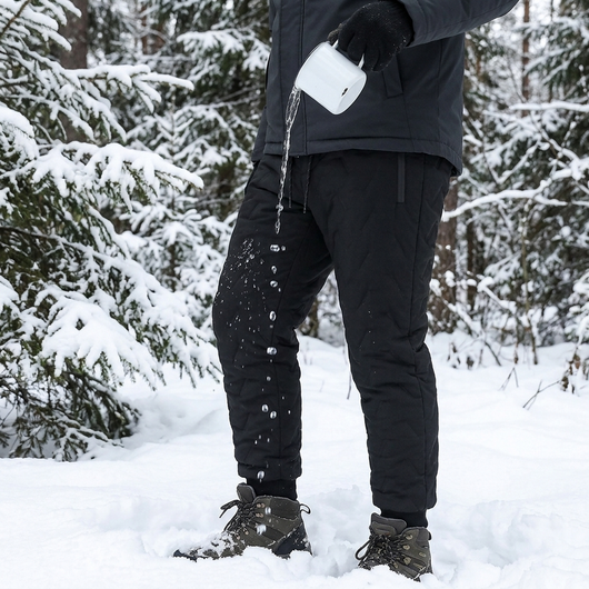 Vatten hälls från en emaljmugg på svarta vinterbyxor och pärlar sig och rinner av tyget i snön
