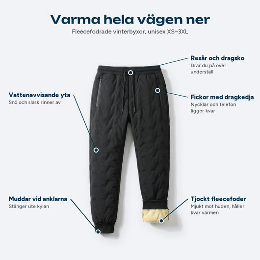 Fleecefodrade vinterbyxor med fleecefoder, vattenavvisande yta och fickor utmärkta