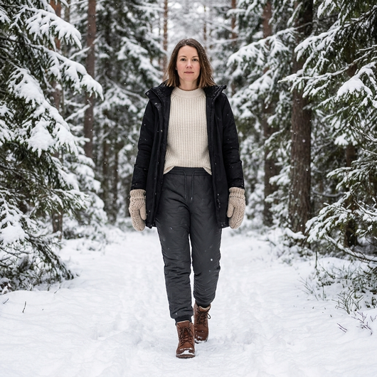 Kvinna i grå vinterbyxor och stickad tröja går på en snöig stig genom granskog