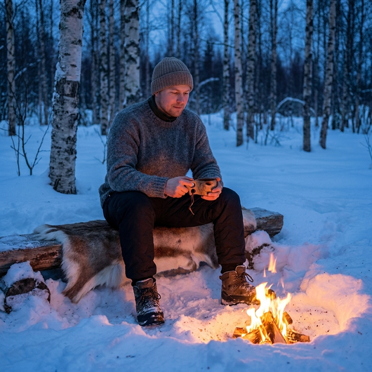 Man i svarta vinterbyxor sitter på en renfäll vid en lägereld i snöig björkskog i skymning