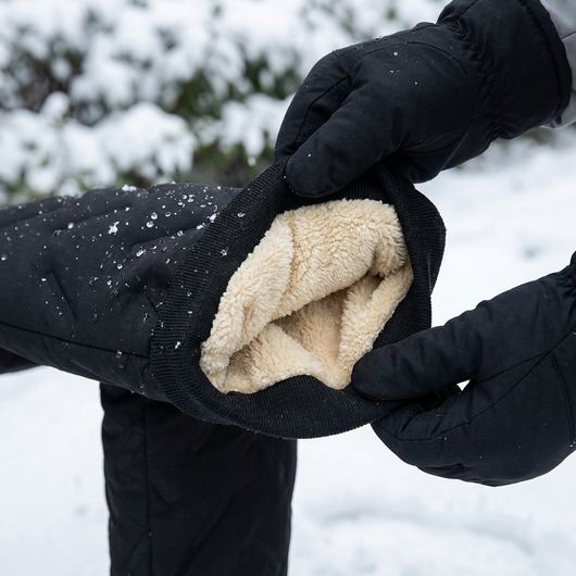 Närbild där händer i handskar viker ut byxbenets mudd och visar det tjocka, krämvita fleecefodret