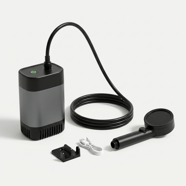 Portabel utedusch med pump, slang, handdusch, hållare och USB-kabel på ljus bakgrund