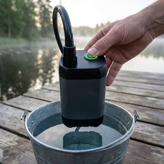 Närbild på pumpens startknapp med grönt ljus, ovanför en hink med vatten på bryggan