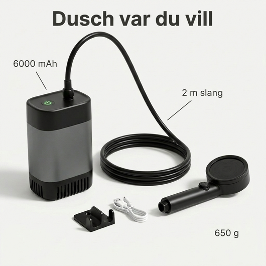 Utedusch med texterna 6000 mAh, 2 m slang och 650 g