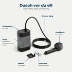 Portabel utedusch med startknapp, pump, 2 meter slang, handdusch, hållare och USB-kabel utmärkta