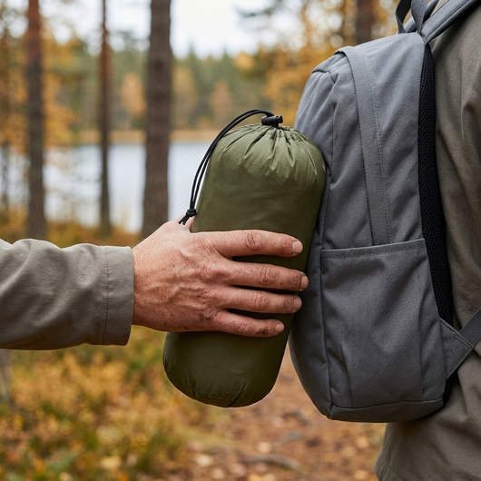 Hand håller den packade gröna filten i sin påse bredvid en liten grå dagsryggsäck i höstskog