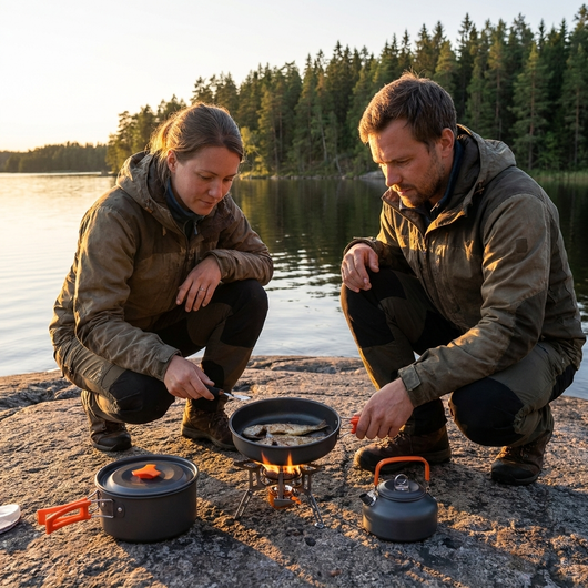 Par steker fisk i stekpannan på ett litet stormkök på en klippa vid sjön i solnedgången