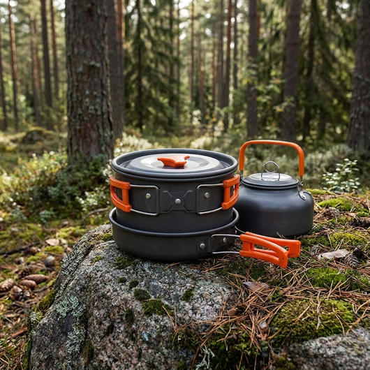 Kastrull med lock och stekpanna ihoppackade på en mossig sten i tallskogen, vattenkokaren bredvid