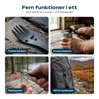 Multiskedens tandade knivkant, konservöppnare, flasköppnare och hål för karbinhake