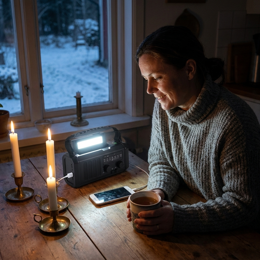 Kvinna lyssnar på beredskapsradion vid köksbordet under strömavbrott, med stearinljus och mobilen på laddning