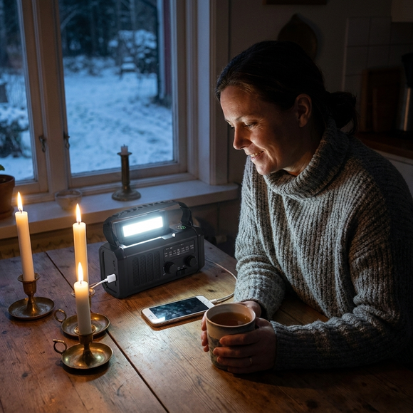 Kvinna lyssnar på beredskapsradion vid köksbordet under strömavbrott, med stearinljus och mobilen på laddning