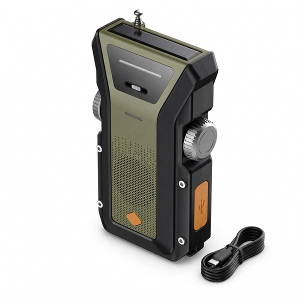 Kompakt olivgrön och svart vevradio med SOS-knapp, sidorattar och orange USB-lucka bredvid USB-C-kabel