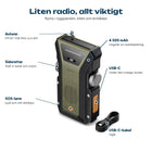 Kompakt vevradio med antenn, sidorattar, SOS-knapp, USB-C-lucka och kabel utmärkta