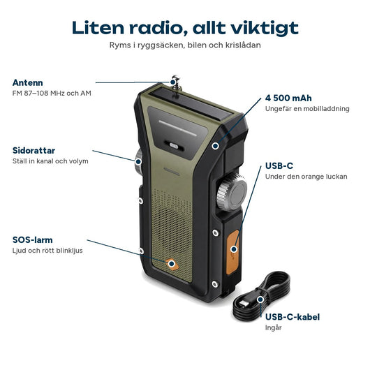 Kompakt vevradio med antenn, sidorattar, SOS-knapp, USB-C-lucka och kabel utmärkta