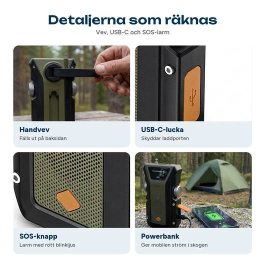 Närbilder på vevradions handvev, USB-C-lucka, SOS-knapp och mobilladdning