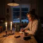 Kvinna skriver anteckningar vid köksbordet med vevradion och stearinljus under ett strömavbrott