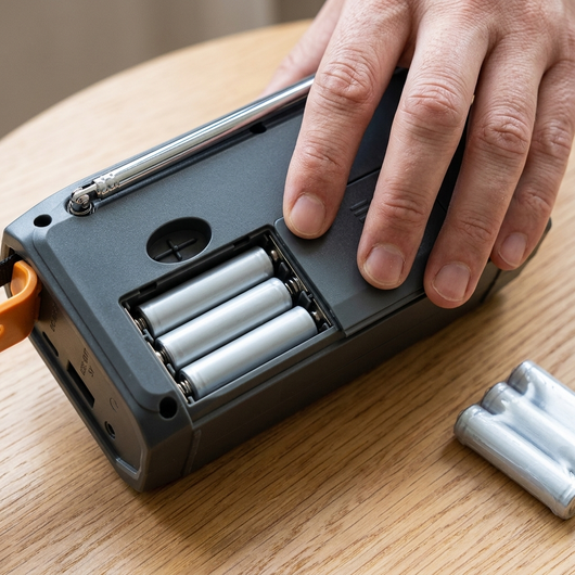 Närbild på batterifacket med AAA-batterier på baksidan av DAB+ radion