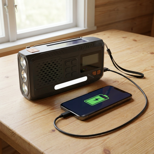 DAB+ radion laddar en mobil via en USB-kabel på ett stugbord, mobilskärmen visar en laddningssymbol