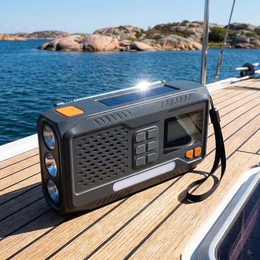 DAB+ radion på ett soligt båtdäck i skärgården med solcellen på ovansidan vänd mot solen
