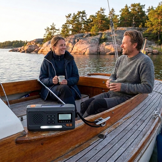 Två personer i en segelbåt i skärgården lyssnar på DAB+ radion som står på båtens kant