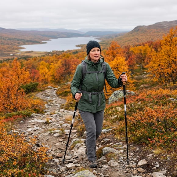 Kvinna vandrar med stavar på en stenig fjällstig bland höstfärgad björk
