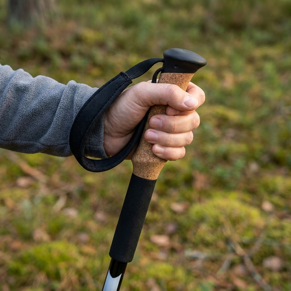 Hand håller korkhandtaget på en vandringsstav med remmen runt handleden